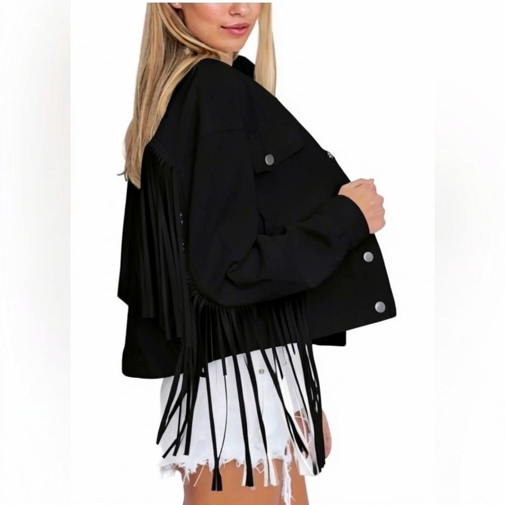 LELIS Black Cropped Fringed Denim Jacket Size Medium